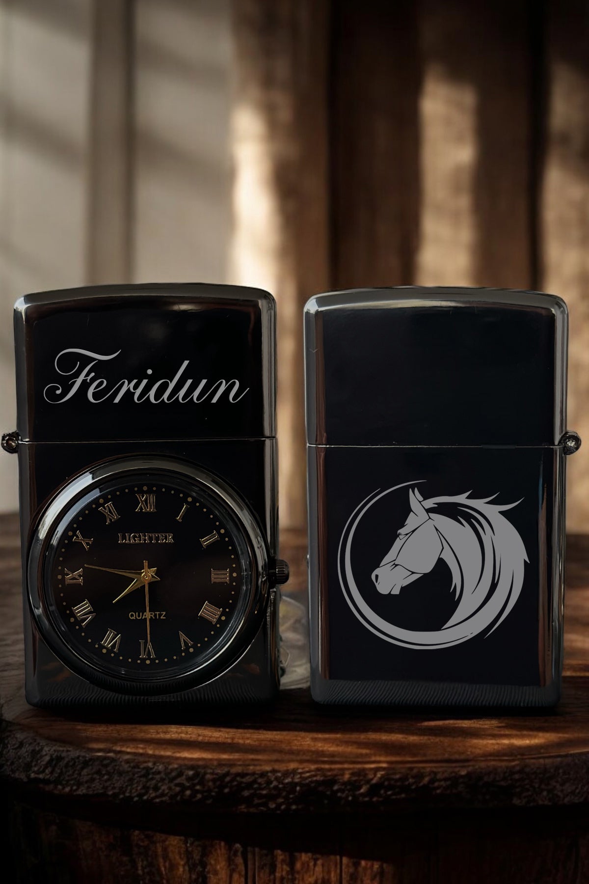 Kişiye Özel At Desenli, Analog Saatli, Zippo Model Gazlı Metal Çakmak