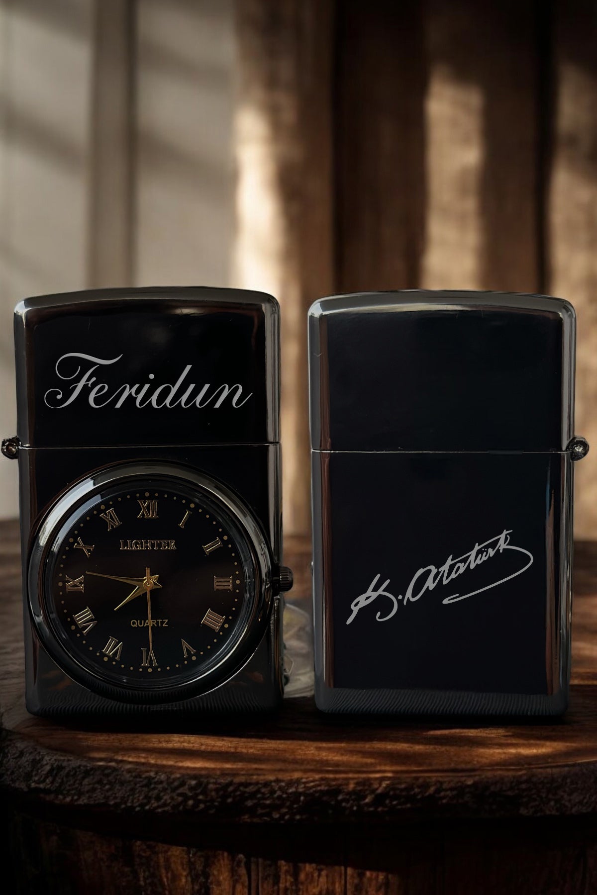 Kişiye Özel Atatürk İmzalı, Aktif Analog Saatli Zippo Model Gazlı Metal Çakmak
