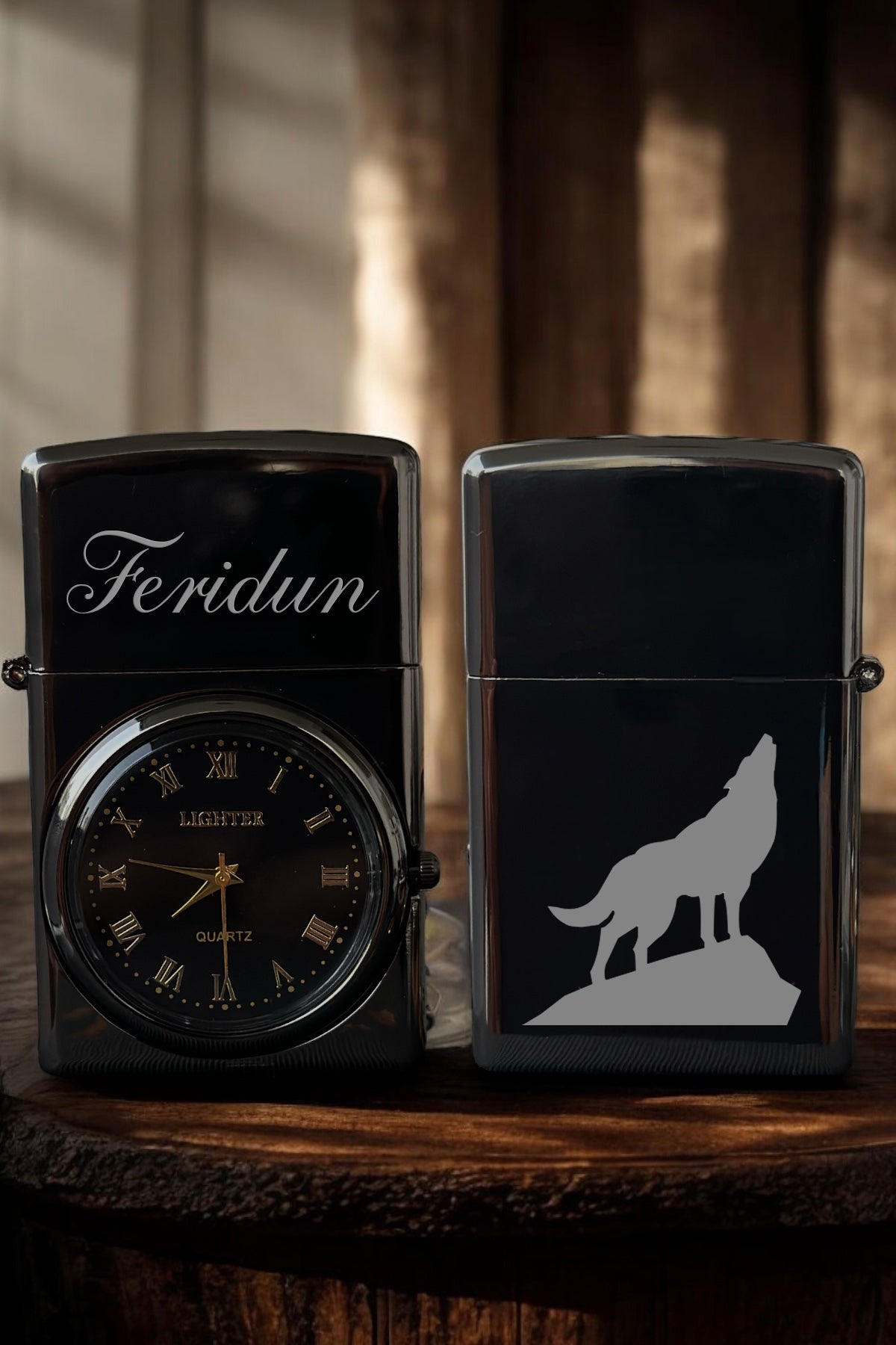 Bozkurt Desenli Aktif Analog Saatli, Kişiye Özel İsim Yazılabilen Zippo Model Gazlı Metal Çakmak