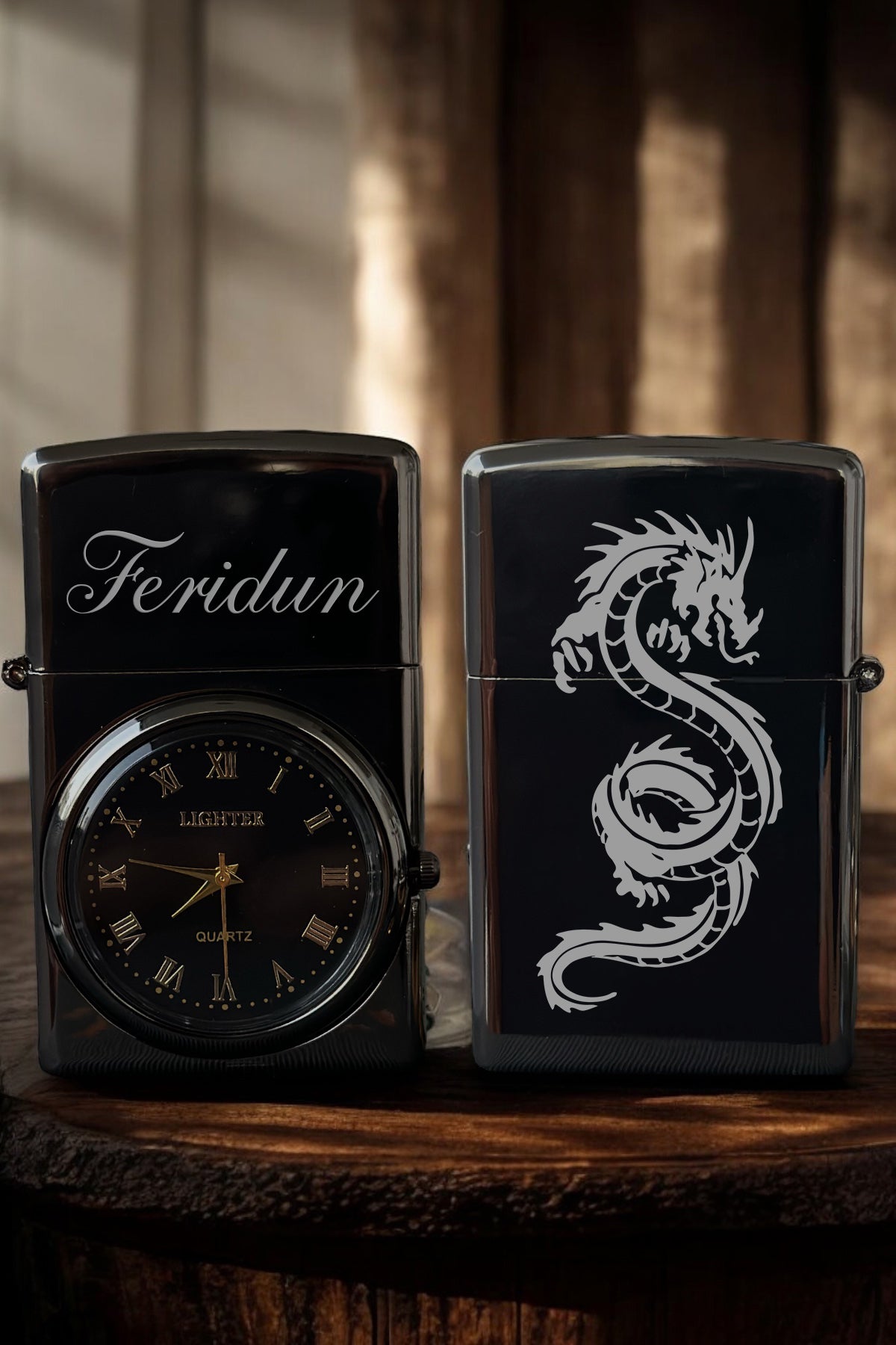 Kişiye Özel Ejderha Desenli, Aktif Analog Saatli, Zippo Model Gazlı Metal Çakmak