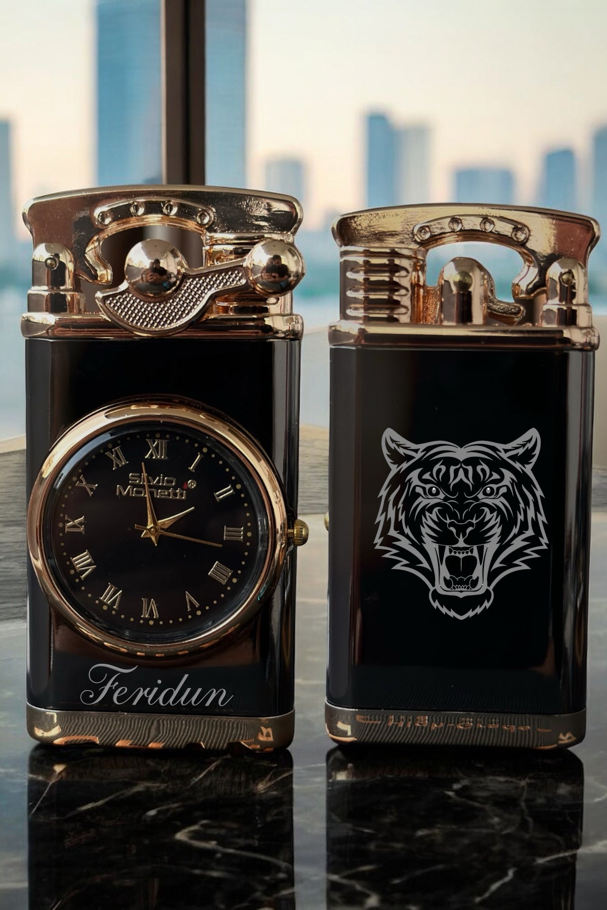 Kişiye Özel Kaplan Desenli Aktif Analog Saatli, Gazlı Metal Çakmak