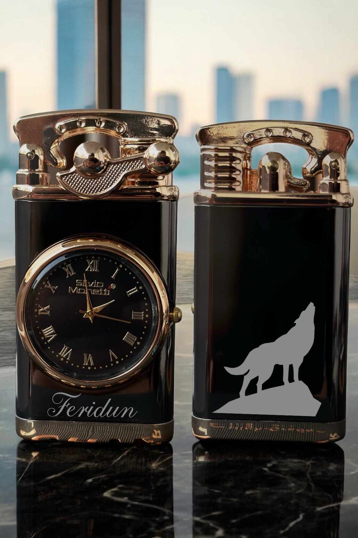 Kişiye Özel Bozkurt Desenli Aktif Analog Saatli, Gazlı Metal Çakmak